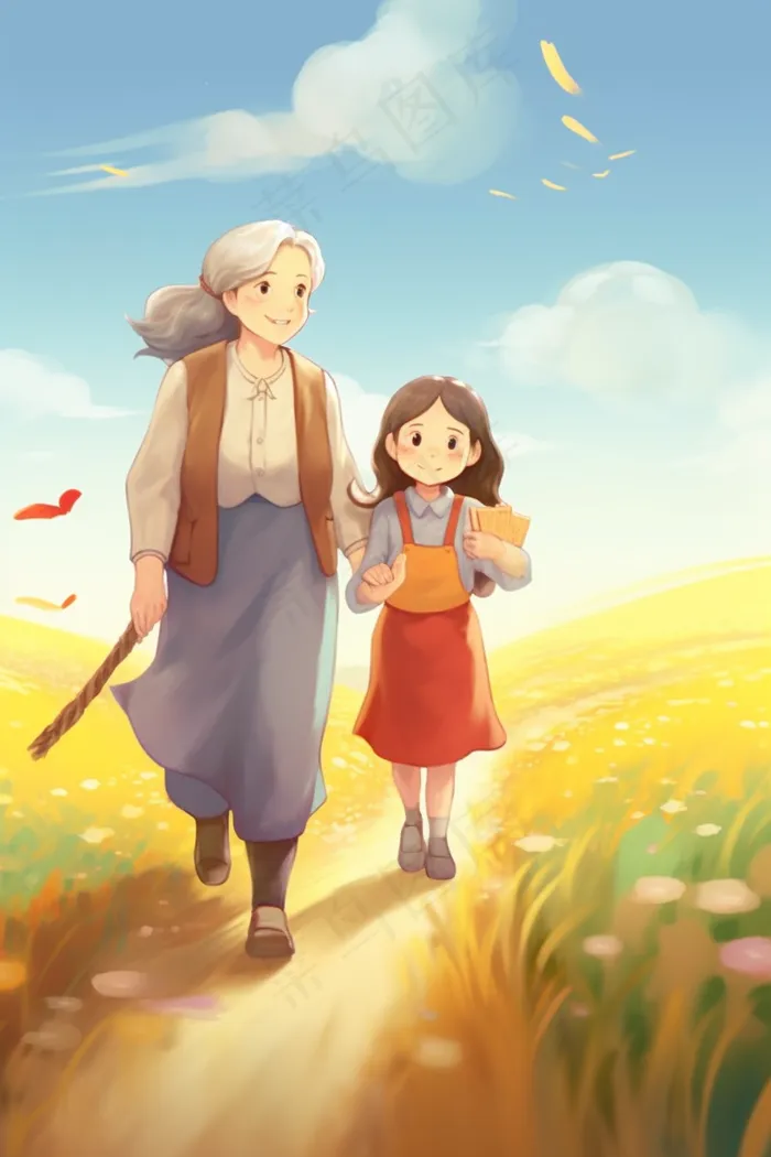 秋收女孩和奶奶麦田田间小路插画背景(x)