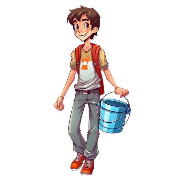 小男孩拿着水壶水桶浇水绿植草人物插画免抠(1024x1024)