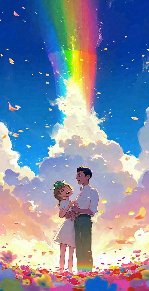 蓝天白云下的花海，父亲抱着孩子，温馨亲情(784x1520)