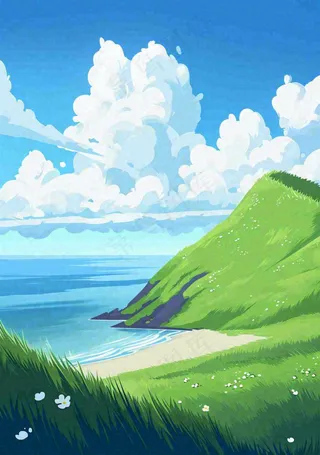 海边蓝天白云草地小花，春天清新海景