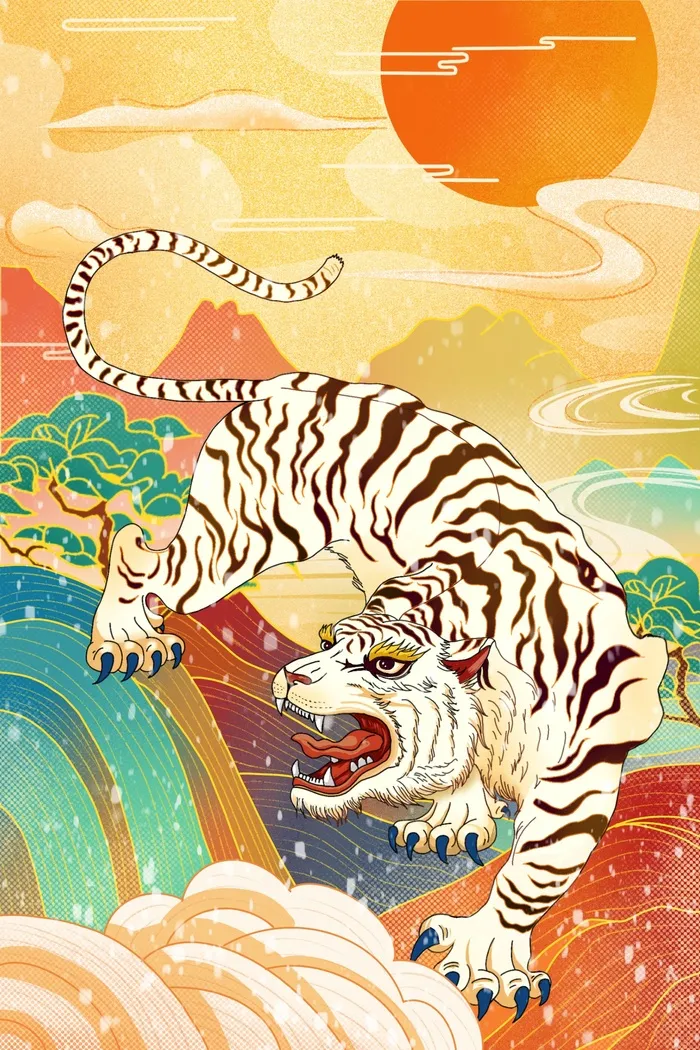 虎年中国风萌虎插画psd模版下载