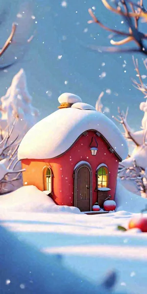 冬天红色雪屋雪地雪花，卡通可爱