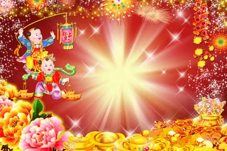 儿童牡丹花灯笼红色背景