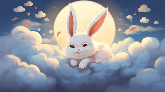 白兔趴着云朵上月亮中秋插画背景