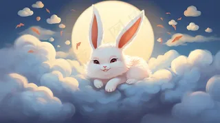 白兔趴着云朵上月亮中秋插画背景