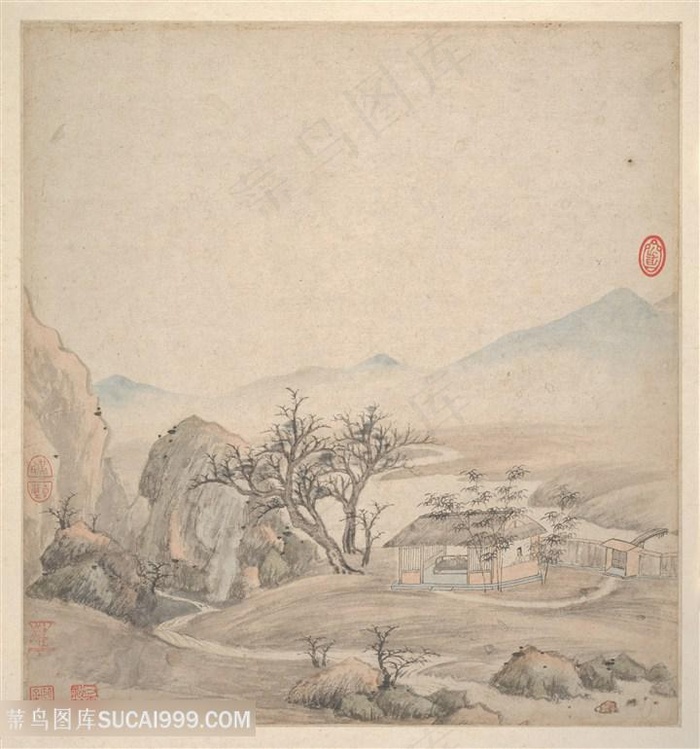 明代画家王鉴仿古册页山中茅屋国画图片