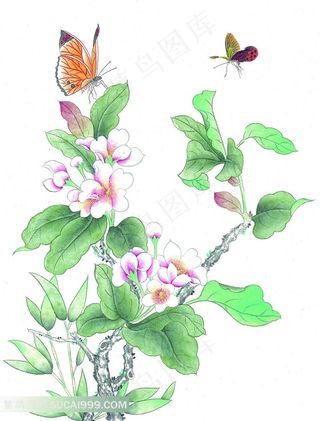 工笔画鲜花中的蝴蝶