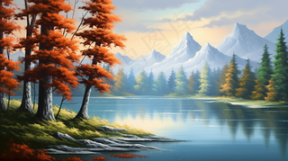 秋季树木湖泊河流风景新疆插画素材背景