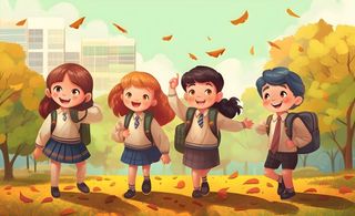 孩子们放学回家落叶欢乐卡通插画背景