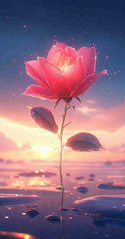 海平面上渐变落日前的一支粉色玫瑰花鲜花花朵，鲜艳爱情(800x1520)