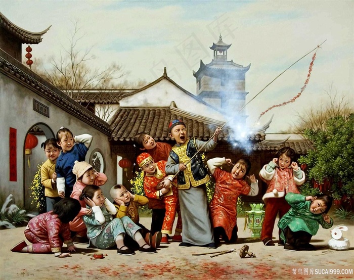 放鞭炮的孩子风景画油画图片