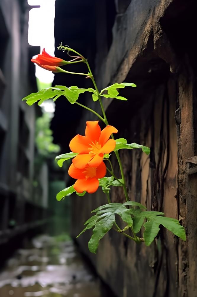 屋檐鲜花红色绿叶背景
