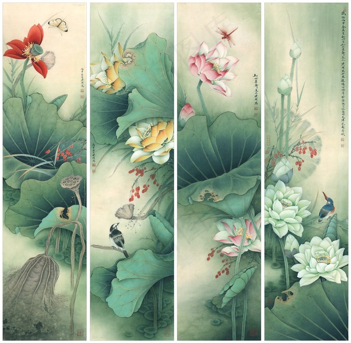 重绘十里莲塘荷花国画图片素材