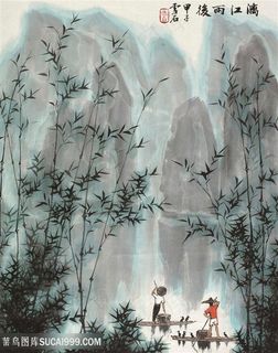 白雪石水墨竹子湖畔山脉风景画