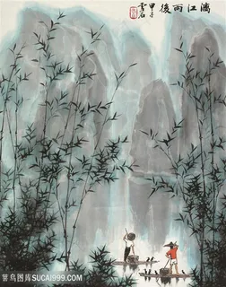 白雪石水墨竹子湖畔山脉风景画 白雪石水墨竹子湖畔山脉风景画