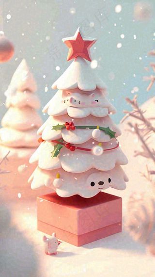 冬天圣诞树有小猫可爱，雪球雪花圣诞节