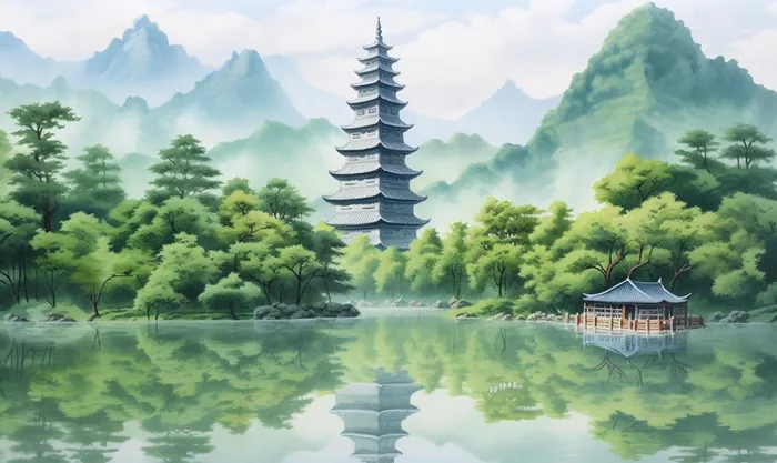 倒影水中的宝塔背后的树木山景插画背景(4272x2544)