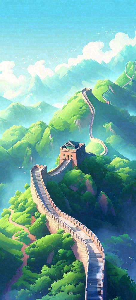 宏伟万里长城青山绿植，中国风建筑插画