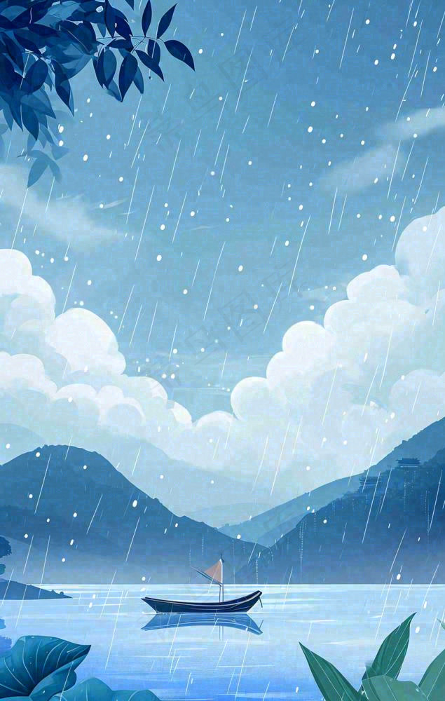 春天雨天湖面山脉小船植物花朵，雨水谷雨(864x1360)