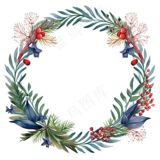 花环圣诞花环松球水彩免抠