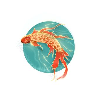 手绘国潮古风喜庆铜钱锦鲤鱼金鱼荷花插画场景装饰PSD设计素