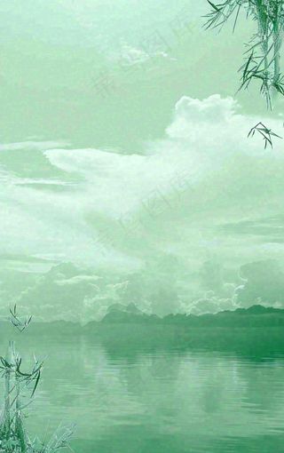 中国风绿色唯美已经云海河湖竹子，水面倒影