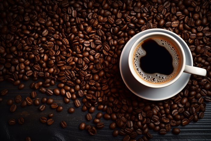 咖啡杯咖啡豆铺满摄影图