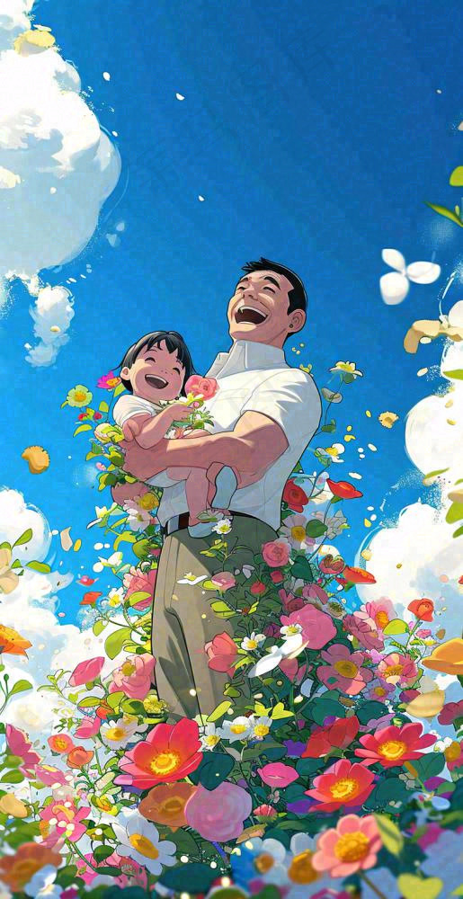蓝天白云下的花海，父亲抱着孩子，温馨亲情