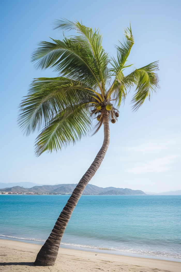 夏天海边沙滩椰树摄影图(2688x4032)