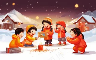 新年除夕夜烟花爆竹儿童玩乐喜庆卡通插画背景