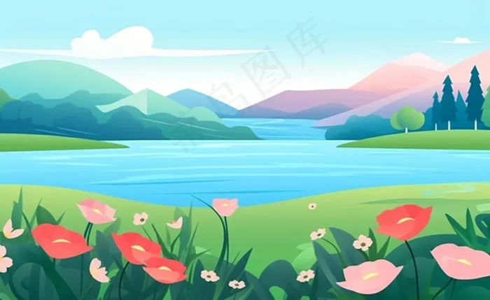 乡村村庄美丽风景河流插画农田插画背景(1408x864)