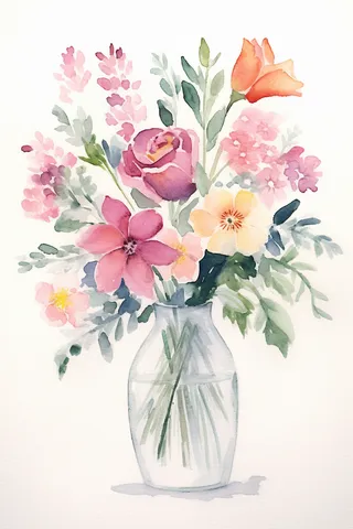 花瓶花束鲜花水彩画插画
