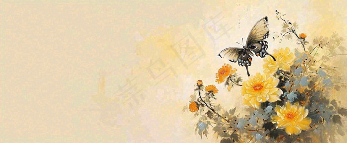 温馨纹理橙色花朵鲜花蝴蝶意境唯美，中国风(1712x704)