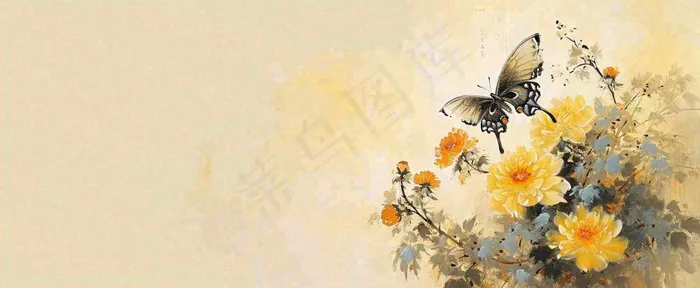 温馨纹理橙色花朵鲜花蝴蝶意境唯美，中国风(1712x704)