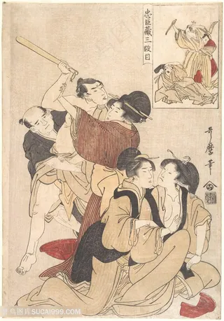 喜多川歌磨手绘日系一家亲装饰画