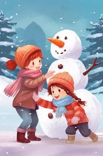 下雪天堆雪人保暖帽子围巾卡通插画素材背景