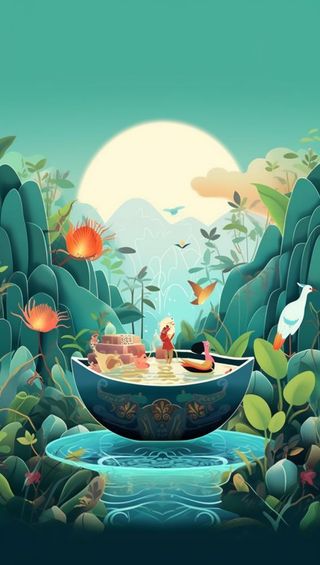 国潮清新山水仙鹤背景图