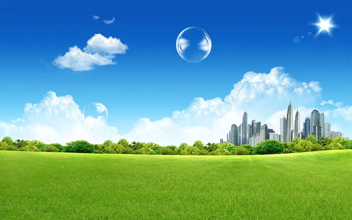 蓝天白云绿草花卉风景