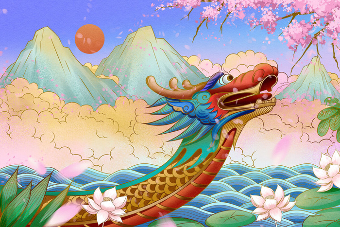 国潮风中国传统节日端午节赛龙舟粽子场景插画海报PSD设计素材psd模版下载