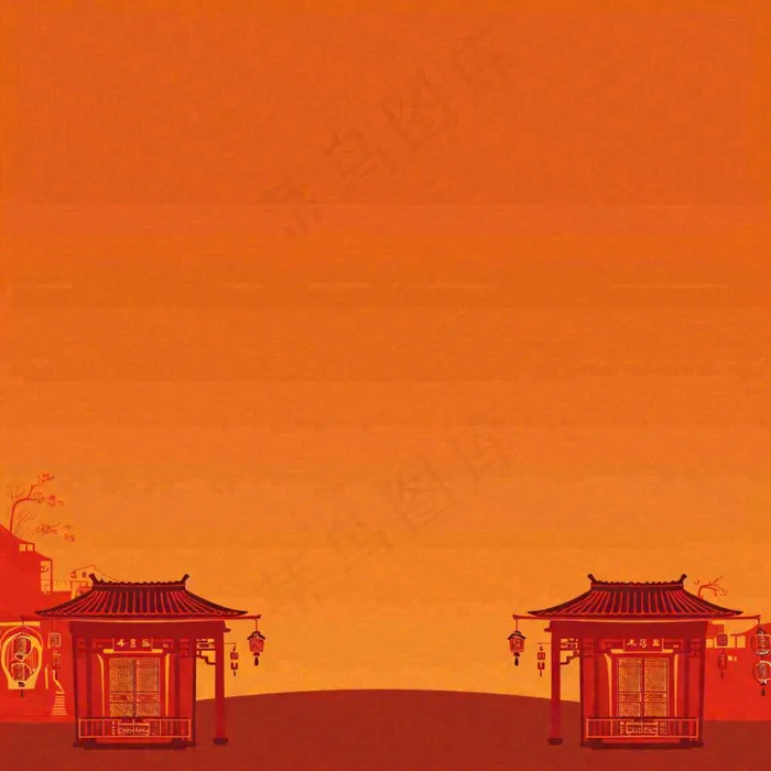 红色渐变国风建筑剪影，中国风简约(1024x1024)