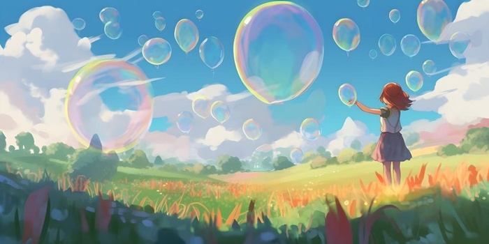 蓝天白云彩色泡泡彩虹草原树林风景插画背景(6144x3072)