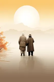 老人行走大气水墨背景