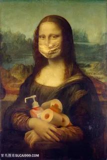 蒙娜丽莎的微笑戴口罩和卫生纸洗手液油画图片 蒙娜丽莎的微笑戴口罩和卫生纸洗手液油画图片