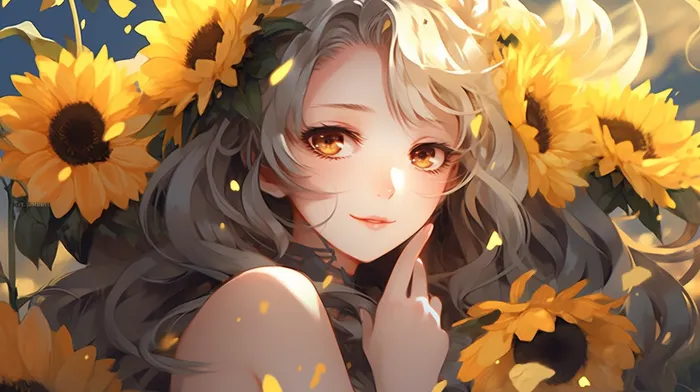 一位少女的周围全是黄花插画动漫图