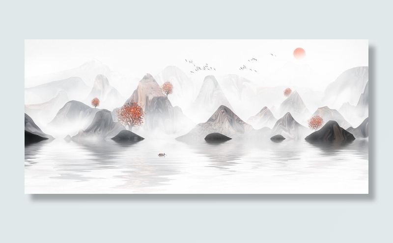 湖水山树鸟水墨画PSD素材psd模版下载