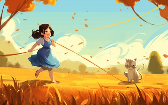 秋天女孩在草丛溜猫金色插画背景(1376x864)