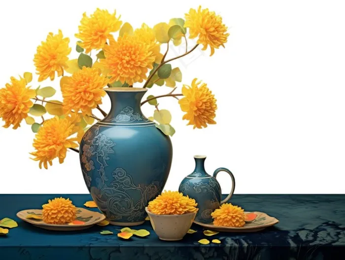 重阳黄色菊花花瓶饮茶插画免抠(1232x928)