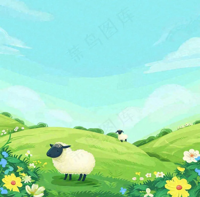 卡通手绘绿色春天草地鲜花花朵绵羊(1040x1024)
