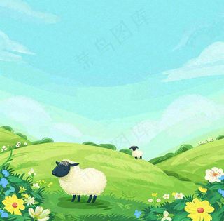 卡通手绘绿色春天草地鲜花花朵绵羊