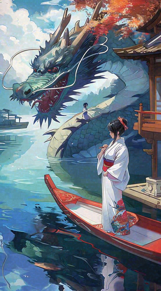 古风仙侠暗黑人物在河流上，龙中国风插画(816x1472)
